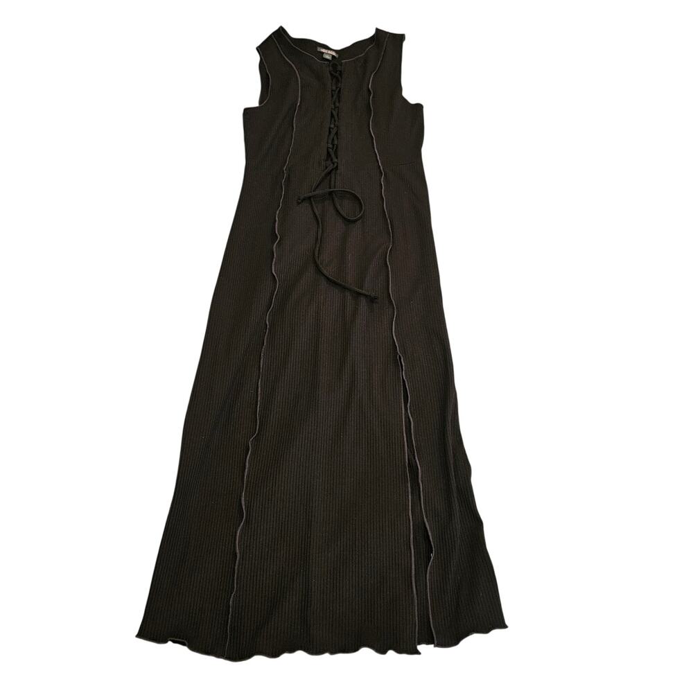 Wild Fable Black Ribbed Maxi Dress Size S Lace Up Front Y2K Goth Alt